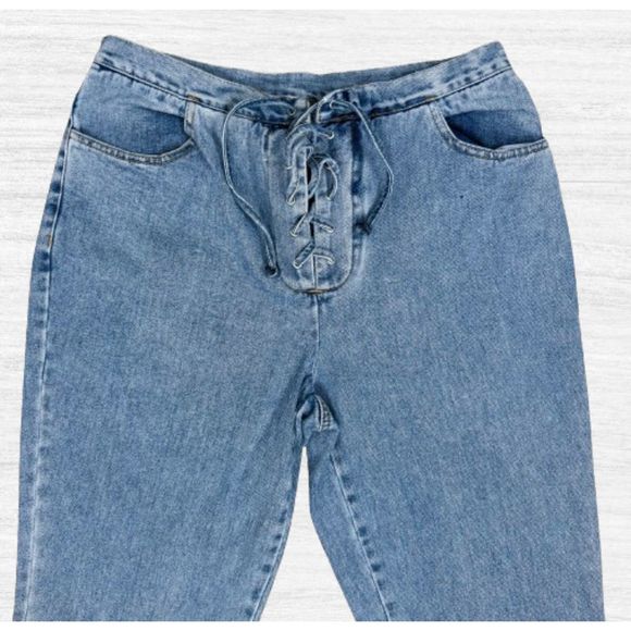 VTG Y2K Light Wash Lace Up High Waisted Straight Leg Denim Jeans - Picture 4 of 5